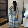 Striped Long Pants Set Color Block Turn Down Collar Three Quarter Sleeve Shirt Wide Leg Bottoms Casual Chic Women Outfits