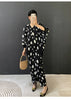Balck Dot Printting Pleated Women's Dress V Collar Batwing Sleeve Mid-Length Mermaid Dresses 2DB6625