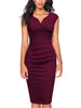 Women Vintage Cap Sleeve V-Neck Ruched Slim Knee Length Cocktail Party Wrap Sheath Bodycon Pencil Dress