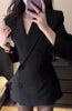 Korean Elegant Slim Fit Blazer Coat Women V-Neck Long-Sleeve Double Breasted Casual Black Coat Office Style Blazers