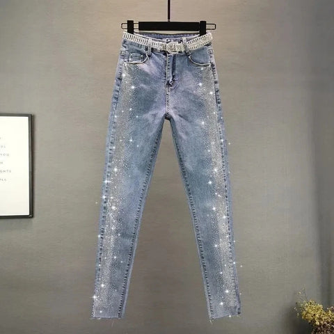 Oversized 5XL High Waist Elastic Skinny Jeans Women Slim Vintage Diamonds Pencil Trousers Casual Ankle-length Denim Pants