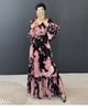 Abstract Print Ruched Womens' Pleated Dress Ruffle Sleeve Pleated Chiffon Long Dresses Party Outfit 2DB7460