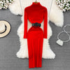 Elegant Turtleneck Long Sleeve Knit Soft Tight Pencil Dress with Belt Slim Warm Sweater Vestido Sexy Women Winter Robe