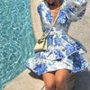 Stylish And Elegant Flower Print Women's Mini Dress Chic V-neck Puff Long Sleeve Double Layer Ruffle Mini Dress Autumn