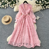 Spring Autumn French Women's Dress Lace Embroidery V-neck Lantern Sleeves Single Breasted Party Birthday Dress C192