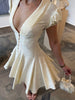 Vintage Sexy Deep V Puff Sleeve Button Ribbed Mini Dress High Waist Cinched Waist A Line Flared Dresses Sweet Casual Date Women