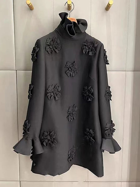 High Street Designer Women's Flare Sleeve 3D Flowers Appliques Dress