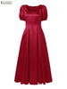 Elegant Chic Women Satin Wedding Guest Party Long Dresses Square Neck Short Puff Sleeve Fitted Waist A-Line Dress S-3XL