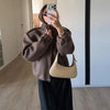 Double Zip Rib Collar Women Cropped Jacket Long Sleeve Side Pockets Loose Oversized Solid Autumn Coats Daily Chic Jackets