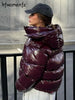 Casual Women's Glossy Hooded Cotton Coats Puffy Stand Collar Zipper Long Sleeve Warm Jackets Winter Lady Down Jacket