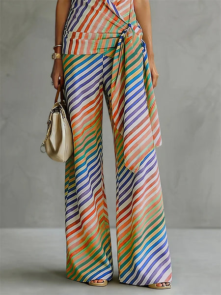 Women's Multicolor Diagonal Striped Palazzo Pants Loose Casual High Waist Wide Leg Trousers Bottoms