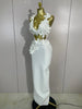 Women Sexy White Flowers V-Neck Tops Bodycon Long Dress Two Pieces Set Eveing Party Prom Gown Nightclub Celebrate Birthday Dress