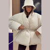Casual Women's Winter Jacket Solid V Neck Tie-waist Full Sleeve Loose Puffy Padded Coats Street Warm Outwear
