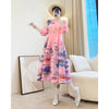 Elegant Plant Floral Printing Pleated Women's Dress Chic Round Collar Lantern Sleeve Elastic Loose Casual Dresses