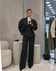 Women Black Pinstripe Two Piece Suit Belted Wrap Blazer Wide Leg Pants Autumn Office Formal Business Outfit Sets