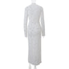 Sexy Lace Printed White Dress For Women See-Through Hollow Out Full Sleeve V Neck Slit Slim Maxi Dress Evening Party Club Outfit