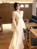 Spring Elegant V-Neck Midi Dress Office Lady Long Sleeve Casual One Piece Dress Korean French Vintage Chiffon Dress Women