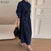 Women's Gathered Front Maxi Dresses Fall Solid Color Turn-Down Collar Long Sleeve Half Buttons Shirtdress Commuting