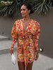 Sexy Slim Print Women Dress Bodycon V-Neck Long Sleeve Mini Dresses Elegant Ruched High Waist Lace-Up Female Dress