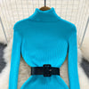 Elegant Turtleneck Long Sleeve Knit Soft Tight Pencil Dress with Belt Slim Warm Sweater Vestido Sexy Women Winter Robe