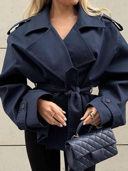 Spring Lace Up Trench Coat Women Solid Loose Large Lapel Long Sleeves Short Windbreaker Chic High Street Lady Outerwear