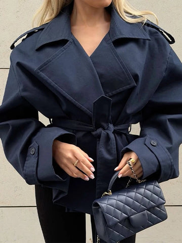 Spring Lace Up Trench Coat Women Solid Loose Large Lapel Long Sleeves Short Windbreaker Chic High Street Lady Outerwear
