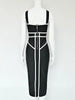 Classic White And Black Stripes Bandage Long Evening Dress Contrast Vintage Woman Bodycon Elastic Dress Slim Midi