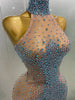 Sexy Sparkly Silver Rhinestone See Through Mesh Long Dress Women Evening Birthday Party Bar Stage Show Costume