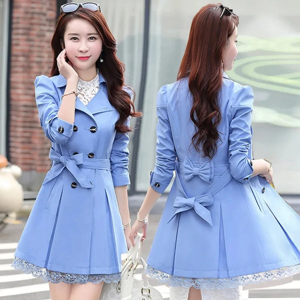 2026Spring Autumn Windbreaker Coat Women Slim Mid Long Lace Trench Coat Female Casual Double-breasted Outerwear Tops