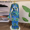 Women Full Sleeve Leaf Print Stacked Bodycon Long Dress Fall Evening Birthday Night Party Vestidos Sexy Dresses