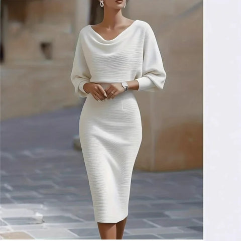Spring Women's Elegant Dress High Waist O-neck 7-quarter Sleeves Slim Simple Office Solid Color Female Mid-length Skirt