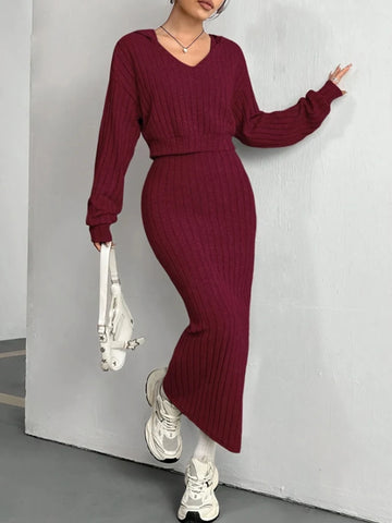 2pcs Set Women's Knitted Loose Long Sleeved Red Dress Suit Autumn Hooded Sweater Casual Commuting Suits