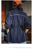 Women's Lightweight Stand Collar Short Windbreaker Jacket Navy Blue Contrast Parka with Waist Cinching for Spring and Fall