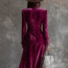 Elegant Women Velvet Lapel Double Breasted Long Sleeve Slit Midi Dress Autumn Winter Solid Color Slim Fit Female Party Dress