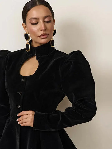 Velvet Women's Jacket Coat Cutout Mandarin Collar Puff Sleeve Blouse Coat Female Button Front Slim Elegant Outerwear Ladies
