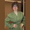 Women's Olive Green Two Piece Set Chic Padded Shoulder Cinched Waist Blazer High Waist Jogger Pants Streetwear Office Outfit