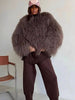 Brown Faux Fur Coat Women's Round Neck Loose Long Sleeves Thick Plush Short Jacket Winter 7A1041