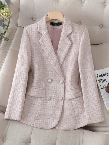Korean Tweed Blazer Jacket Coat Women Long Sleeve French Slim Woolen Suit Outwear Autumn Winter Casaco