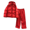 Women's Stripe Cotton Padded Coat Pant Set Loose Full Sleeve Hooded Zipper Jacket Elastic Waist Pants Winter Suits