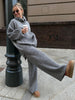 Women's Autumn Winter Collared Half Zip Ribbed Knit 2-Piece Set Oversized Wide Leg Pants Sweater Suit