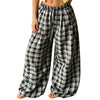 Women Vintage Aesthetic Casual Plaid Print Barrel Pants Drawstring Elastic Waist Loose Straight Pants with Pockets Streetwear