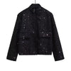 Women's Sequined Bomber Jacket Fall O Neck Long Sleeve Pocket Stretch Hem Sequins Jacket Coat Female Chic Outerwear