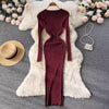 Winter Women Knit Maxi Dress O Neck Autumn Long Sleeve Slim Solid Harajuku Ladies Pencil Sweater Long Dresses