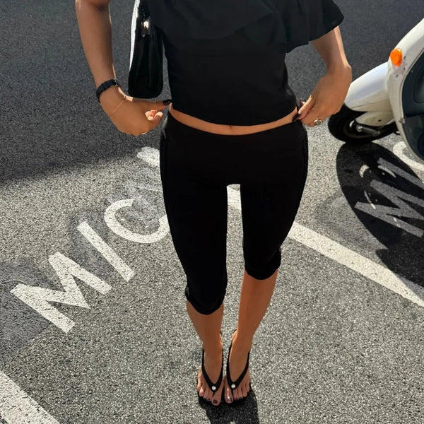 Women’s Split Hem Capri Pants Fold Over Waist Solid Color Slim Fit Cropped Pants Trousers