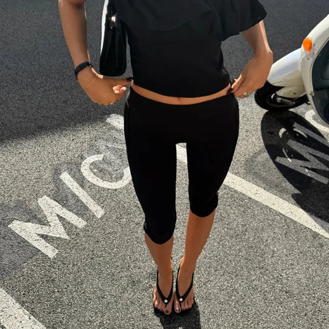 Women’s Split Hem Capri Pants Fold Over Waist Solid Color Slim Fit Cropped Pants Trousers