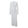 Sexy Lace Printed White Dress For Women See-Through Hollow Out Full Sleeve V Neck Slit Slim Maxi Dress Evening Party Club Outfit
