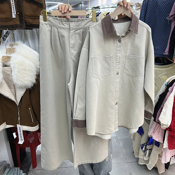 Korean Lapel Denim Shirt Set Women's Loose Casual Two-piece Set Solid Color Wide-leg Pants Set