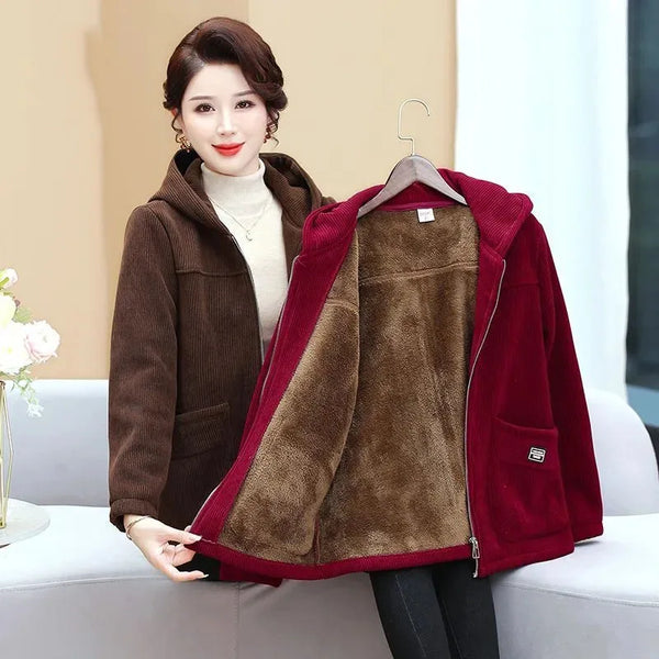 Middle Aged Elderly Mothers' Hooded Coat Spring Autumn Casual Fleece Jacket Large Size Women Casual Corduroy Outwear 4XL