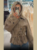 Beige Checkered Cropped Trench Coat Women Stand Collar With Waist Belt Loose Oversized Autumn Daily Wear Outer Jacket