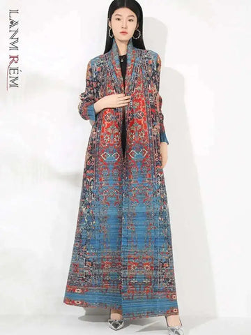 Niche Printed Windbreaker Women's Loose Oversized Long Sleeved Pleated Trench Cardigan Long Coat 2DB2481